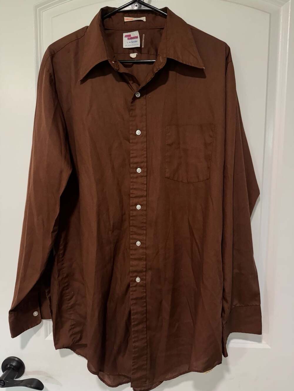 Vintage 70s Chocolate Brown Point Collar Button Down Shirt Grandpa Core